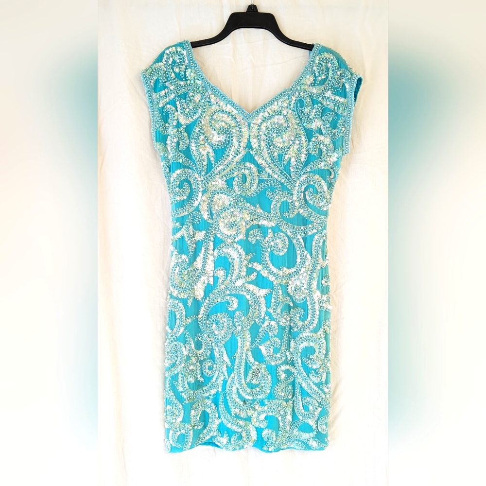 VINTAGE 80s Beaded Turquoise Sheath Dress Size 6